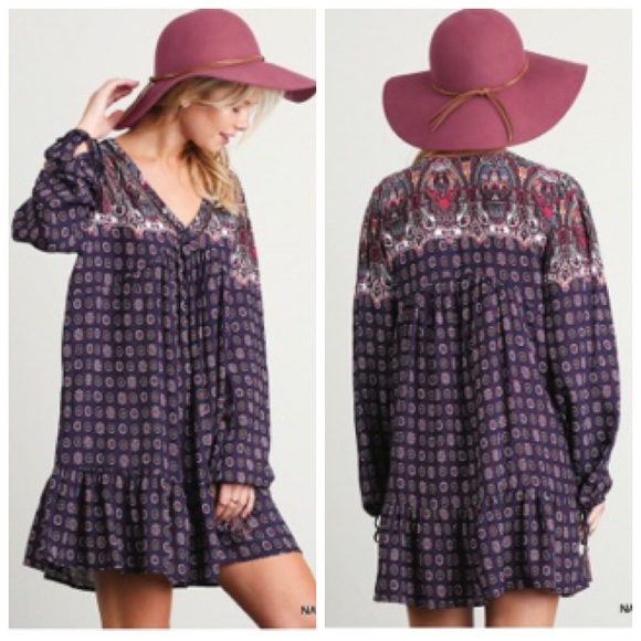 V-Neck Multi-Print Peasant Dress - Picture 2 of 2
