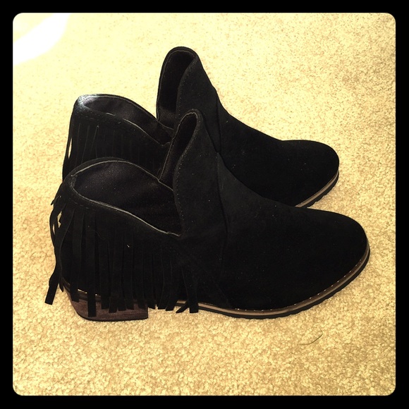 Black Faux Suede Booties with Fringe