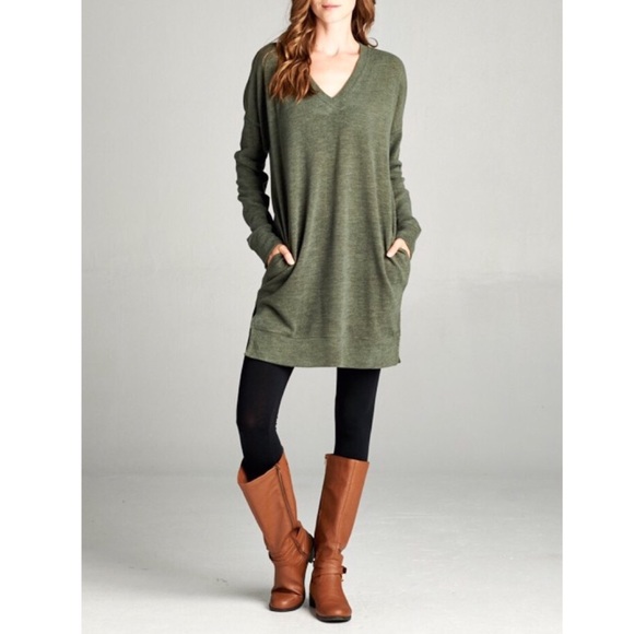 Olive green V-neck sweater tunic - Picture 2 of 4