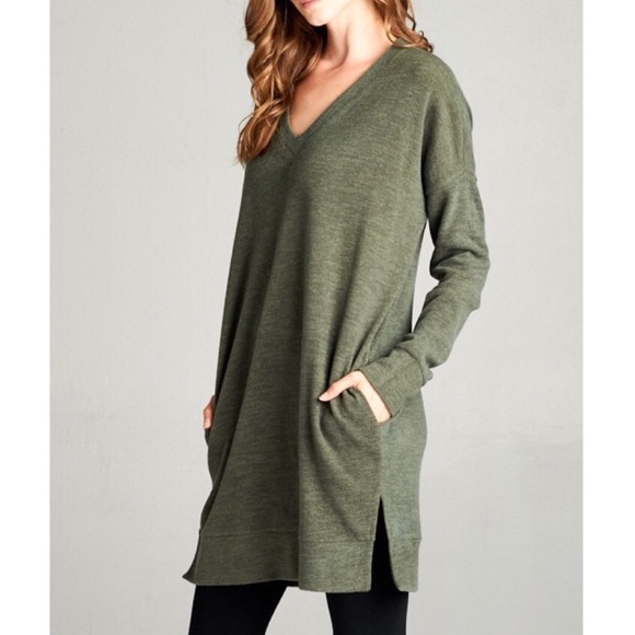 Olive green V-neck sweater tunic - Picture 4 of 4