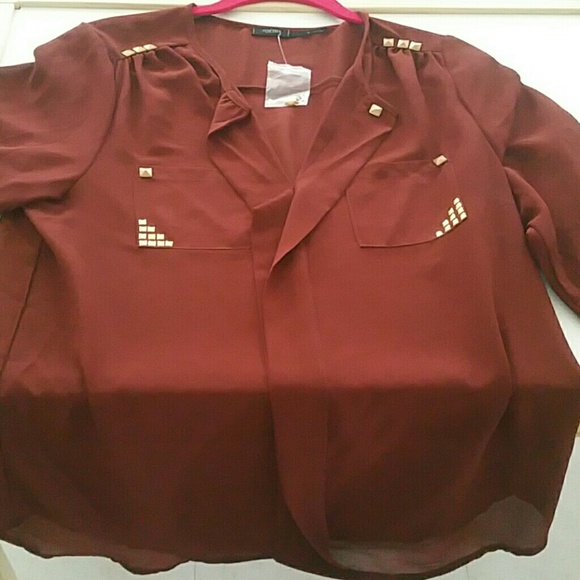 Sheer burgundy blouse with gold studs. Brad new