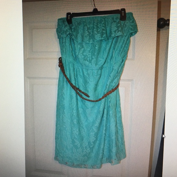Teal strapless dress with belt 1x