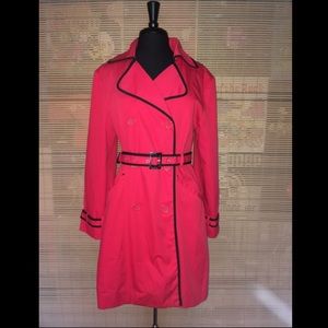 Red belted trench coat with black detail