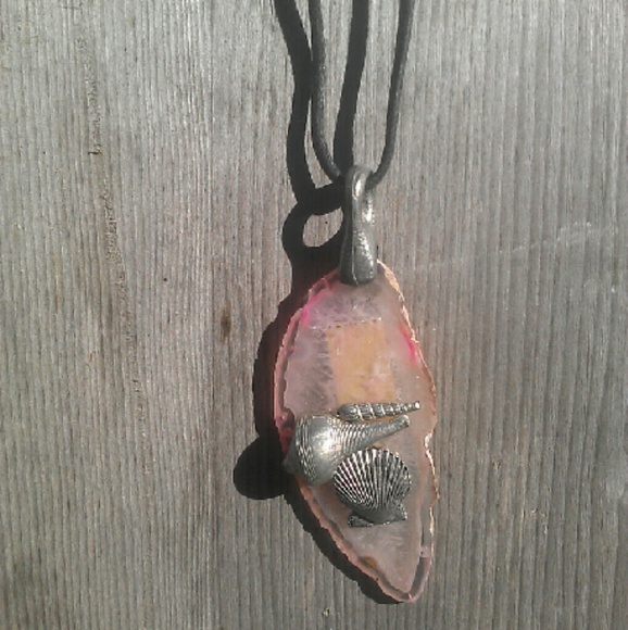 Pewter colored shells on sliced stone necklace.