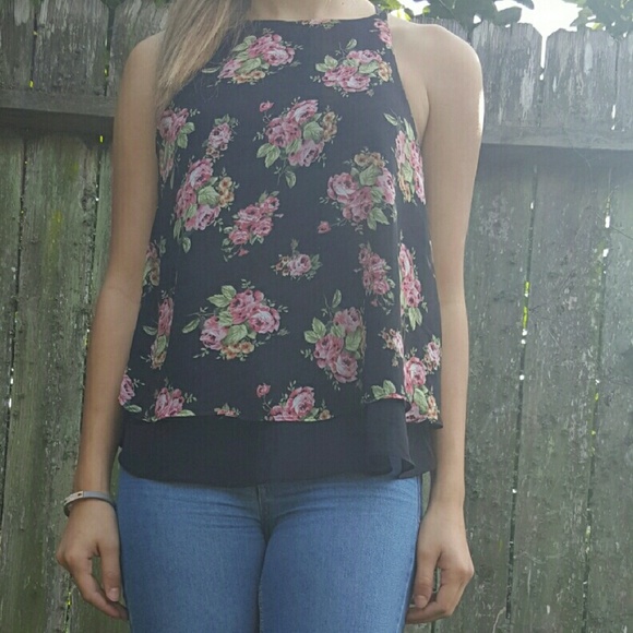 Black Floral Halter Tank Top