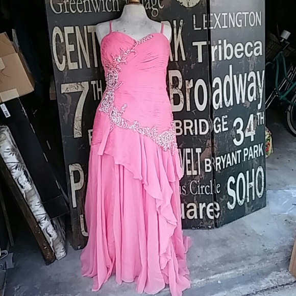 romance couture peach beaded prom dress