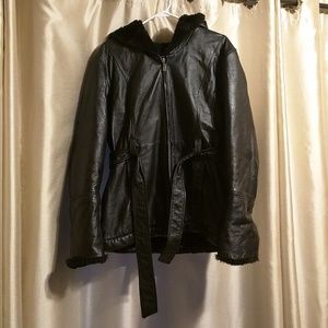 Leather coat with hood