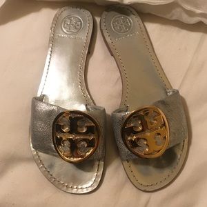 Tory burch slip on silver and gold two tone shoes