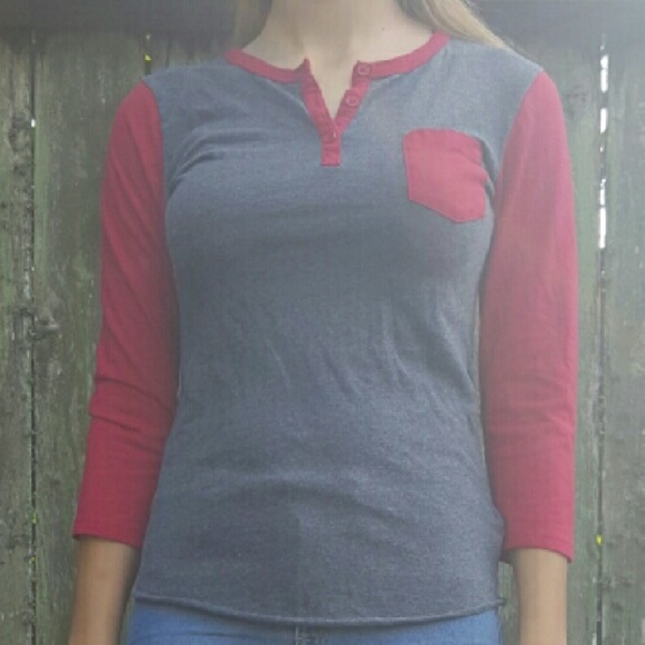 Red and gray baseball tee.