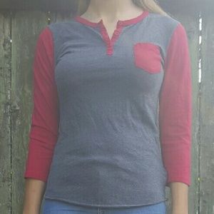 Red and gray baseball tee.