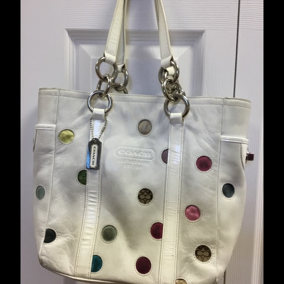 COACH White Leather Polka Dot Purse North South