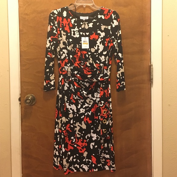 Calvin Klein Faux Wrap Dress - Orange/Black/White