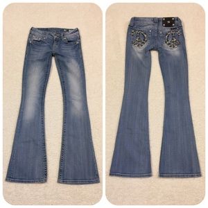 Miss Me Rhinestone Peace sign Flare jeans