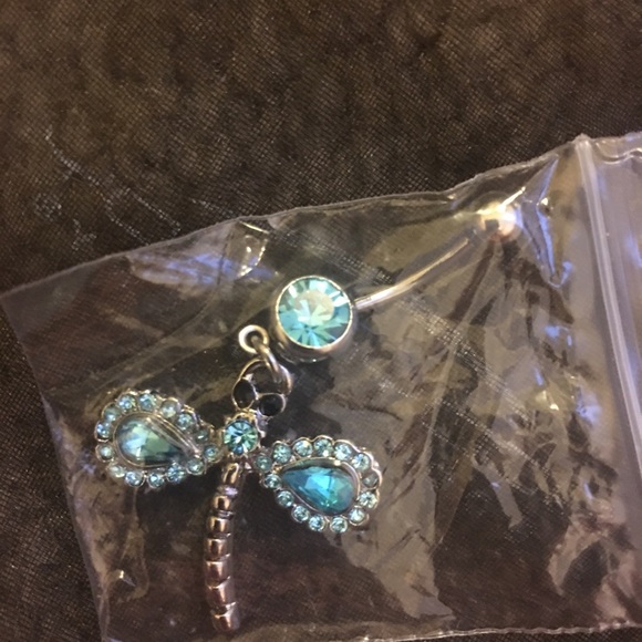 Blue crystal dragonfly belly ring