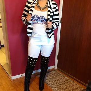 Black and white striped cotton blazer.