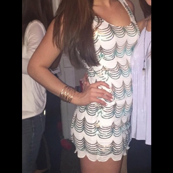 White Dress with White, Gold, and Green Sequins