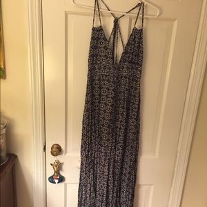 Navy Blue and White Print Maxi Dress