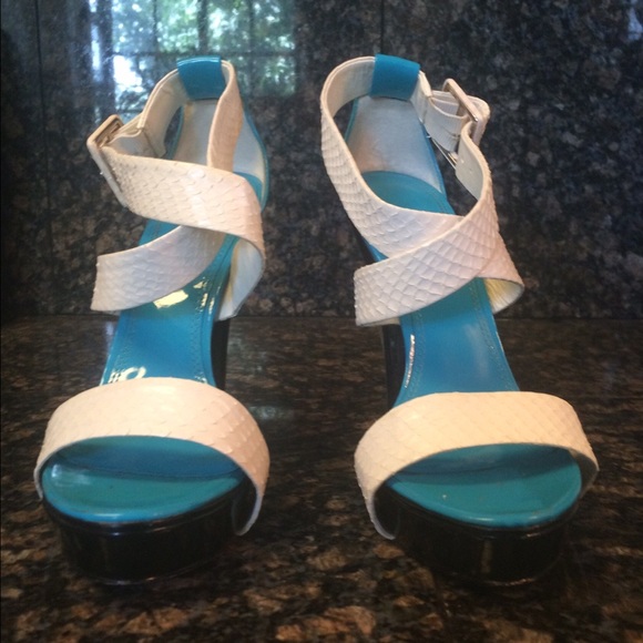 Bebe Aqua White & Black Platform Stilettos - image 1
