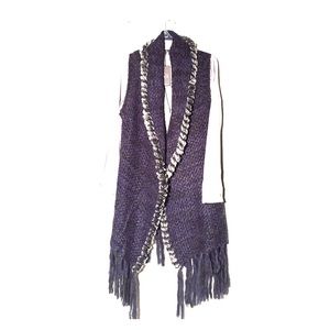 SALE Long Dark Blue Fringe & Fur Sweater / Shawl