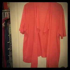 Coral colored crochet draped cardigan
