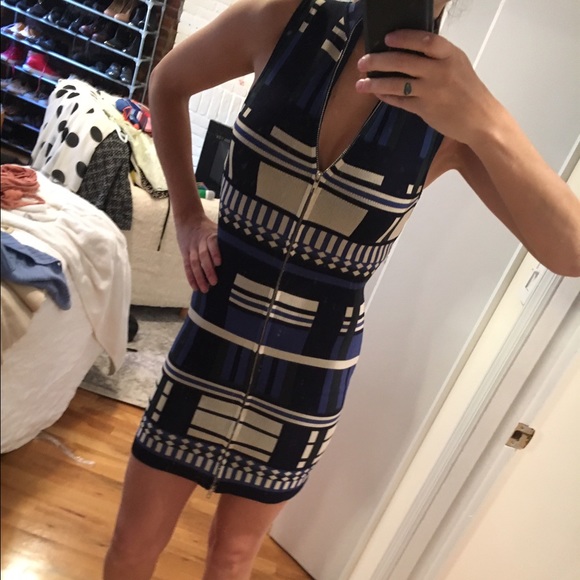 Bodycon fitted blue & white zipped up front dress - Picture 2 of 4