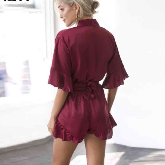 Burgundy Wine Satin Romper Choker Sash - Picture 2 of 3