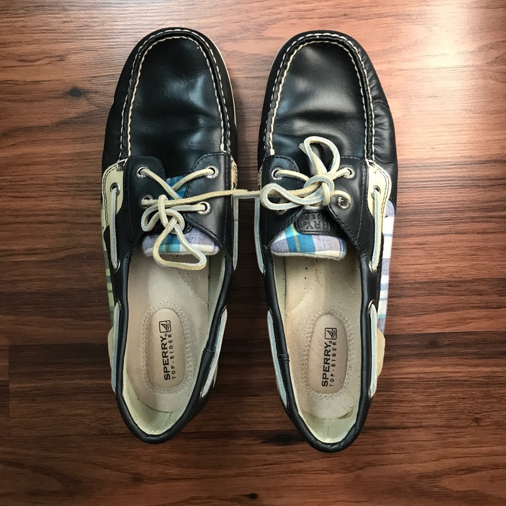 Blue leather Sperrys with fabric plaid side