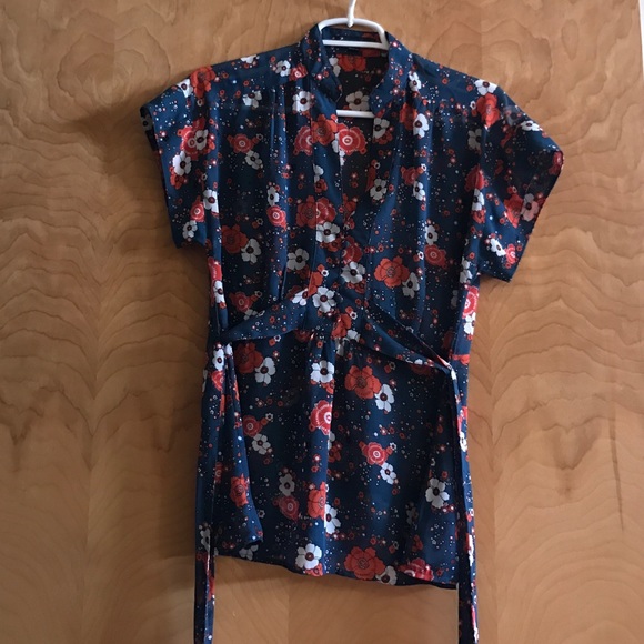 Sheer blue/orange/white flower blouse