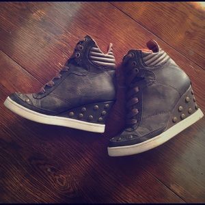 "Yana" Leather High-Top Sneaker Wedges with Studs