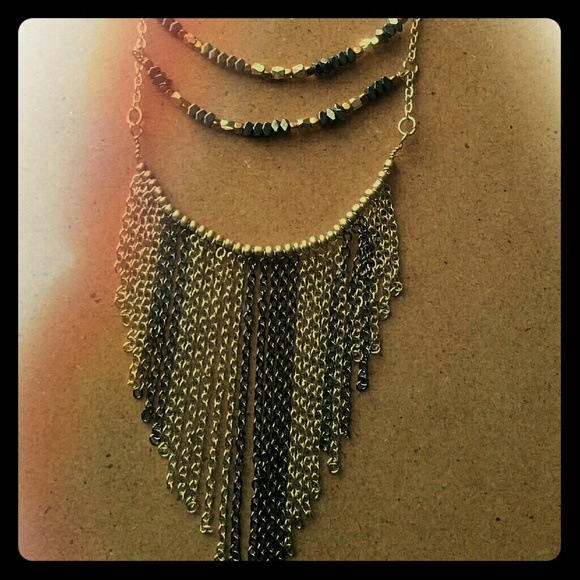 Dainty Gray & Gold Fringe Necklace