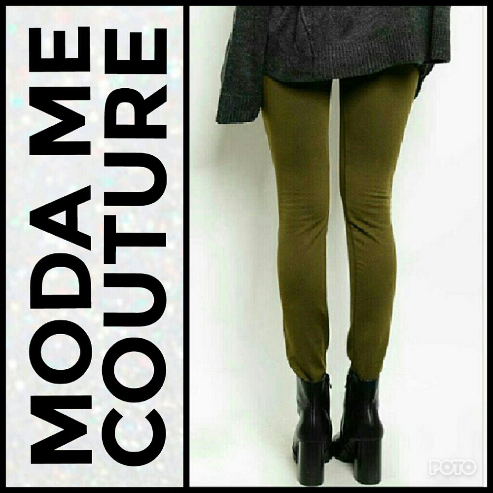 OLIVE GREEN FLEECED LINED LEGGINGS - Picture 2 of 4