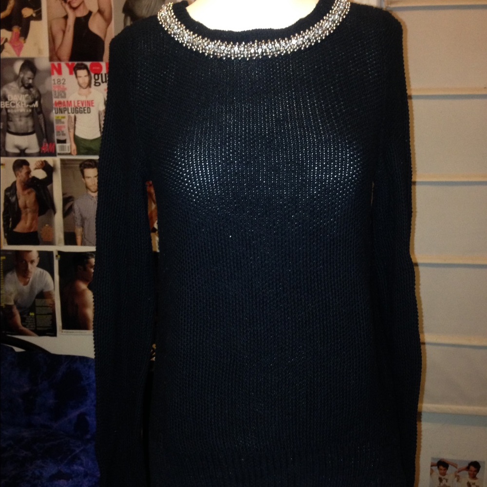 Black long sleeve sweater with silver rhinestones