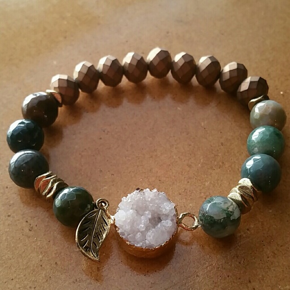 Hunter Green & Brown Beaded Stretch Bracelet