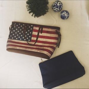 American flag tote bag with extra bag inside.