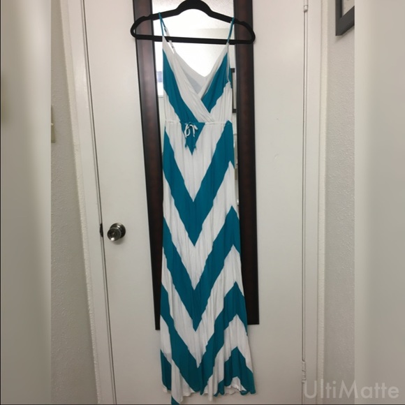 Blue and white striped maxi dress