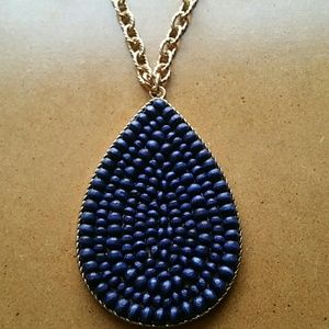 Navy Blue Beaded Teardrop Pendant Necklace