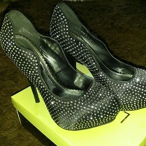 Black with silver rhinestone high heel pumps