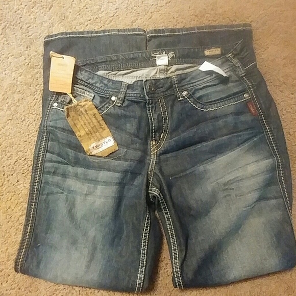 Brand new silver twisted bootcut jeans. Sz 14?31