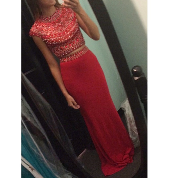 Red two piece prom dress