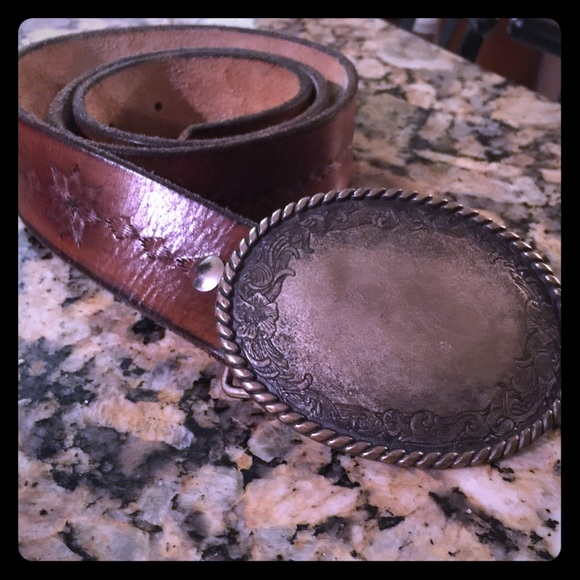 Brown leather belt with interchangeable buckles