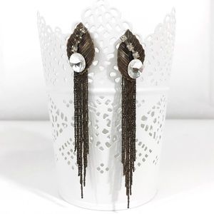 Brass Leaf and Rhinestone Statement Earrings