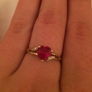 14k gold Heart shaped ruby ring with small diamond