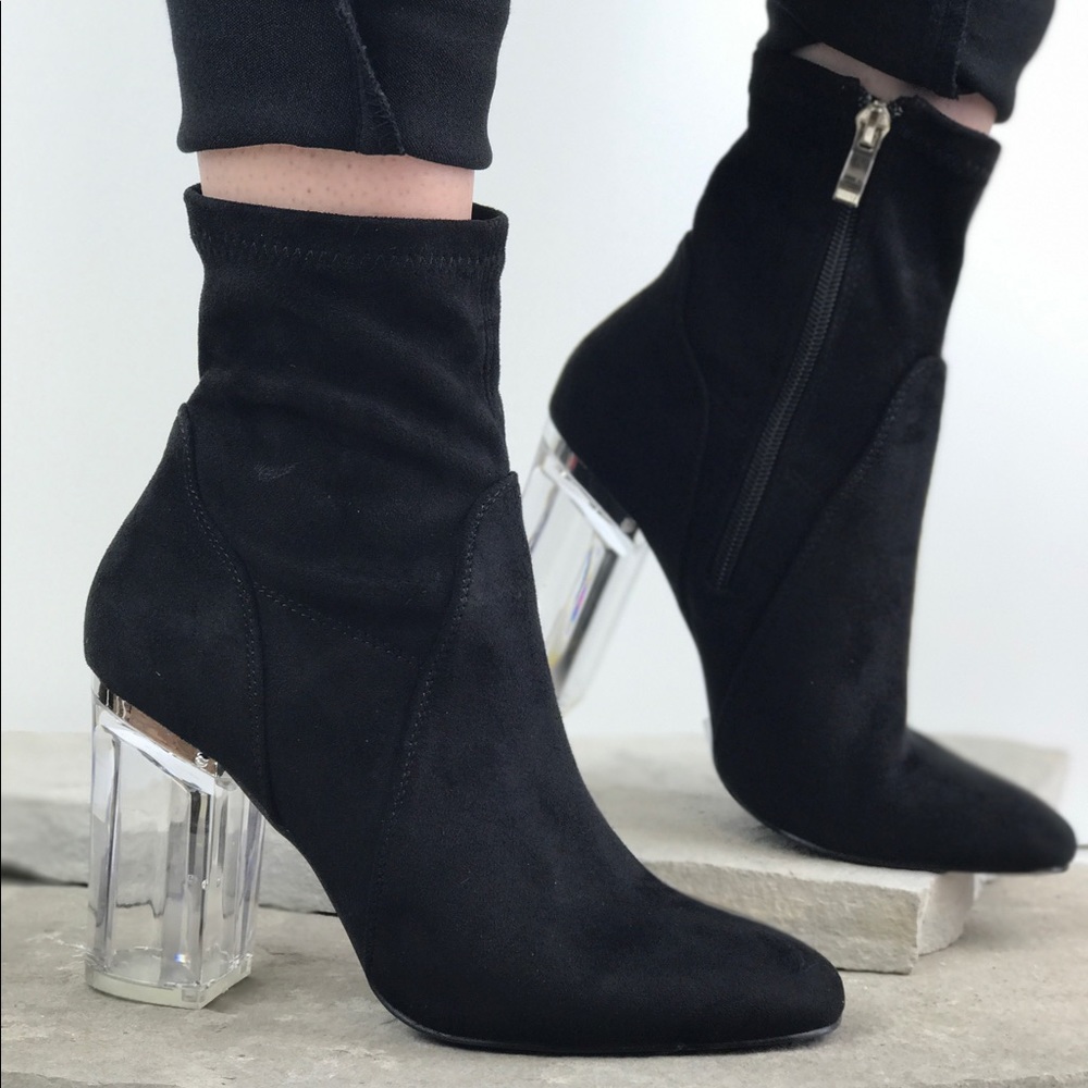 Black suede clear heel booties - Picture 2 of 5