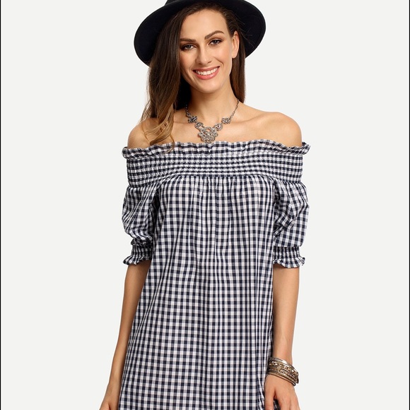 Navy gingham off the shoulder dress