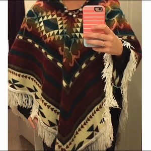 Aztec print fringe poncho