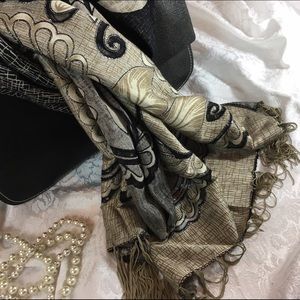 Elegant Black & Taupe Fringe Silver Glitter Scarf