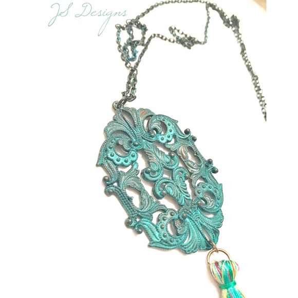 Long Antiqued Brass Colorful Tassel Necklace - Picture 2 of 3