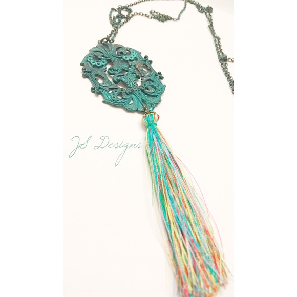 Long Antiqued Brass Colorful Tassel Necklace - Picture 3 of 3