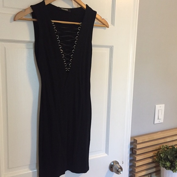 Black Lace Up Plunge V Neck Bodycon Dress