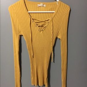 Mustard Lace Up Ribbed Long Sleeve